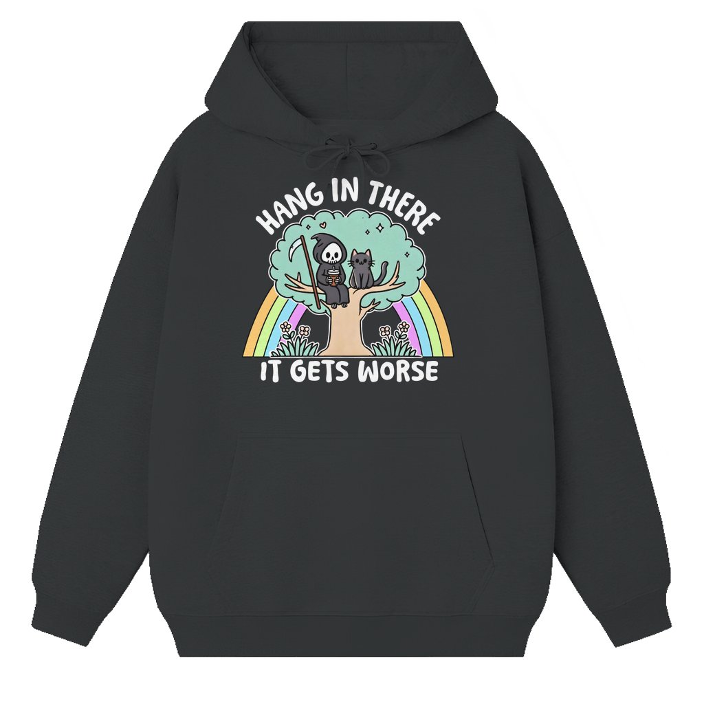 Hang In There Grim Reaper Hoodie – Gift for Cat Lovers Funny Sarcastic - front view