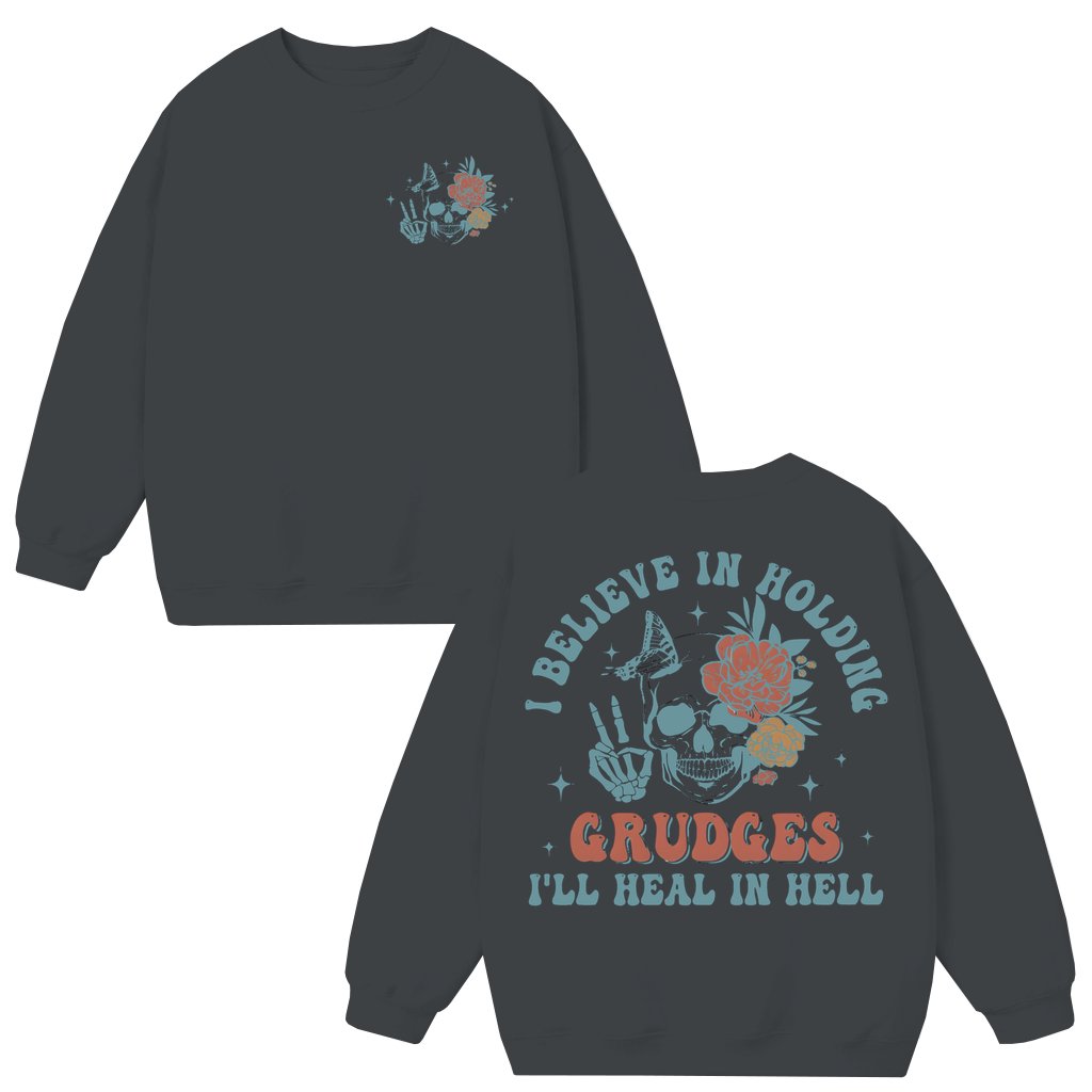 Funny Sarcastic Holding Grudges Sweatshirt – Adult Humor Gift for Adults Floral Skull - front view