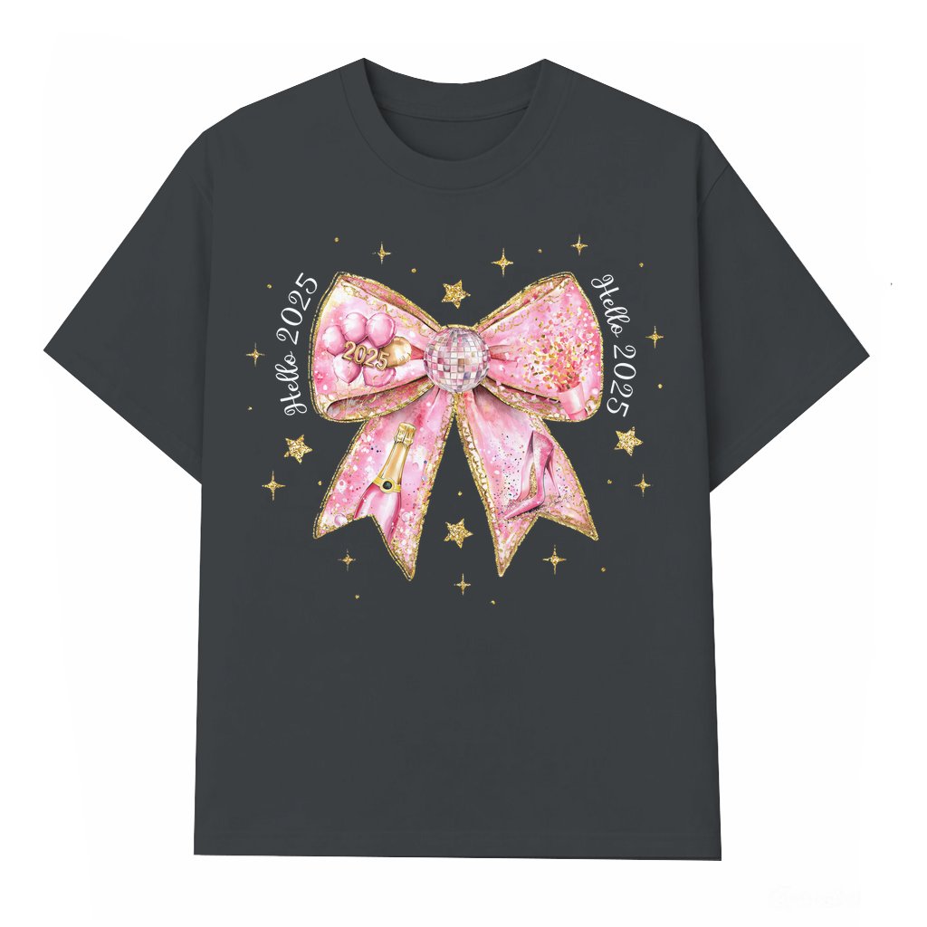 Coquette Bow Gold Disco Ball T-shirt – New Year's Eve Gift for Her Retro Party - front view
