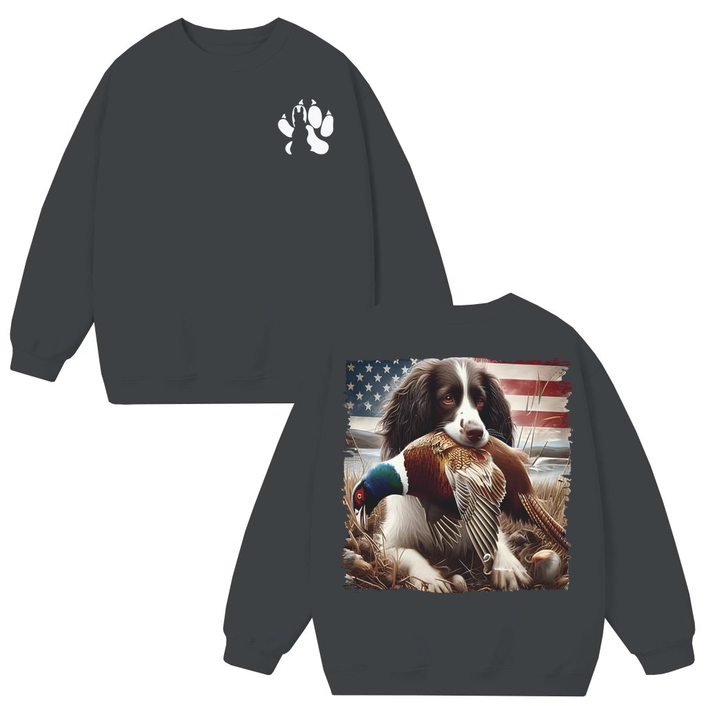 Springer Spaniel Hunting Dog Sweatshirt – Hunting Gift for Hunters Pheasant American Flag - front view