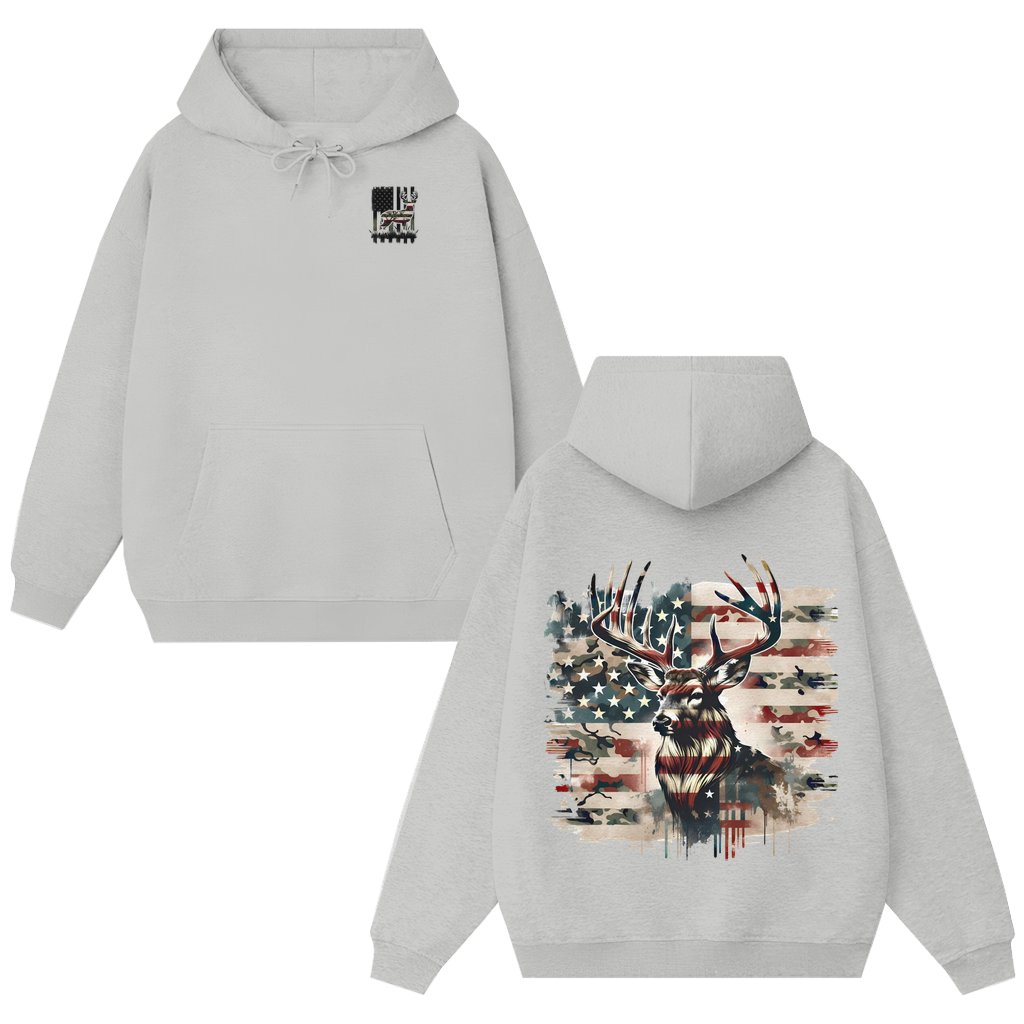 Classic American Flag Deer Hoodie – Patriotic Gift for Hunters - front view