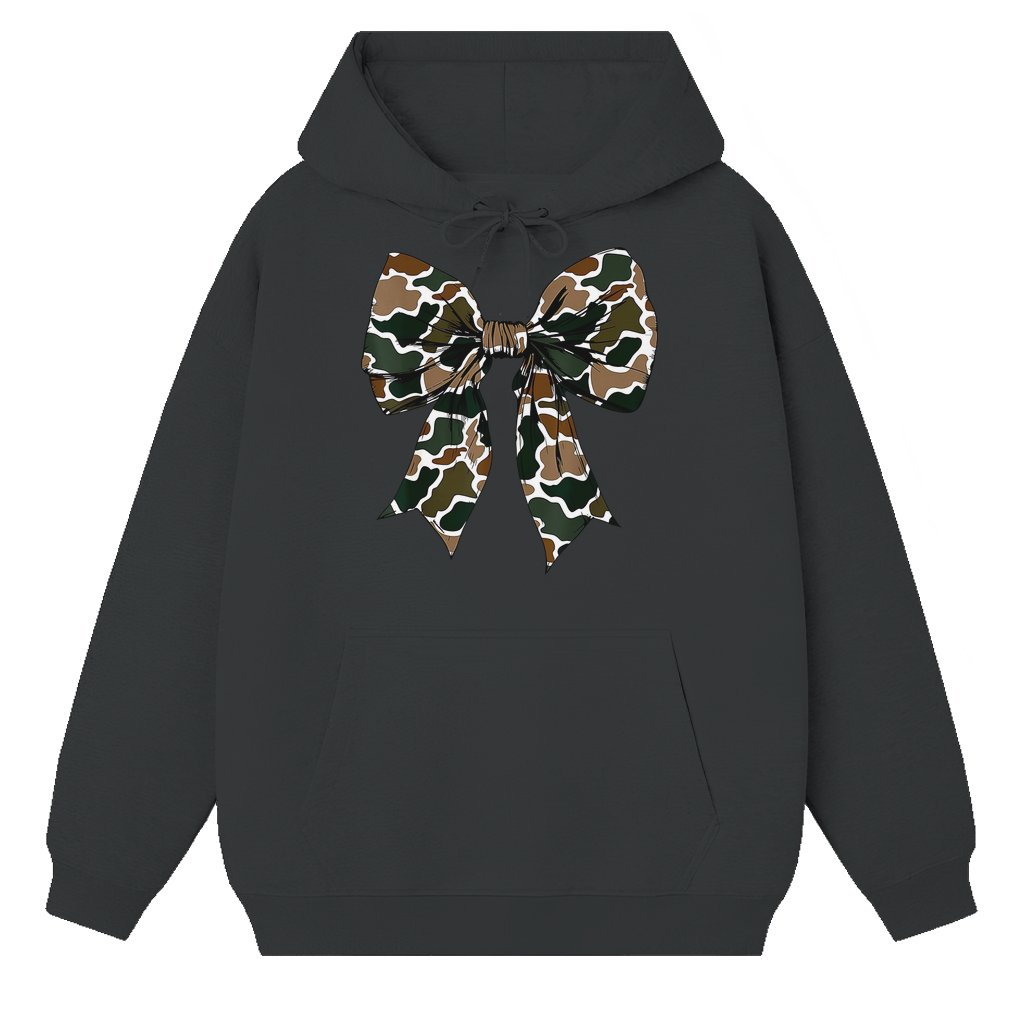 Hunting Coquette Bow Hoodie – Gift for Women Cute Graphic Trendy Camo - front view