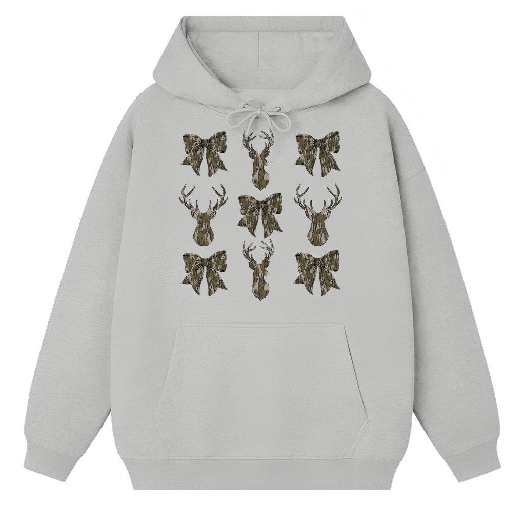 Deer Hunt Camo Coquette Bow Hoodie – Gift for Girls Old School Trendy - front view