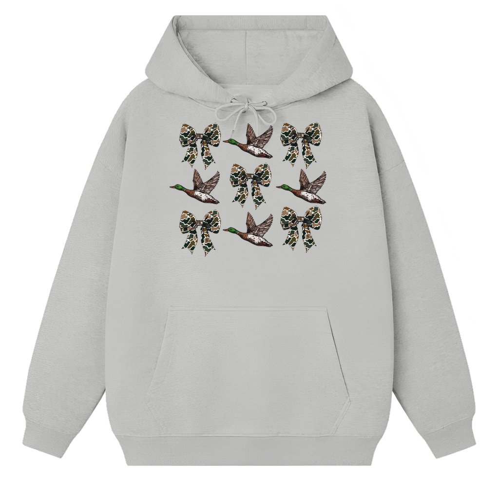 Camo Flying Ducks Bows Duck Hunting Hoodie – Gift for Women Coquette Preppy - front view
