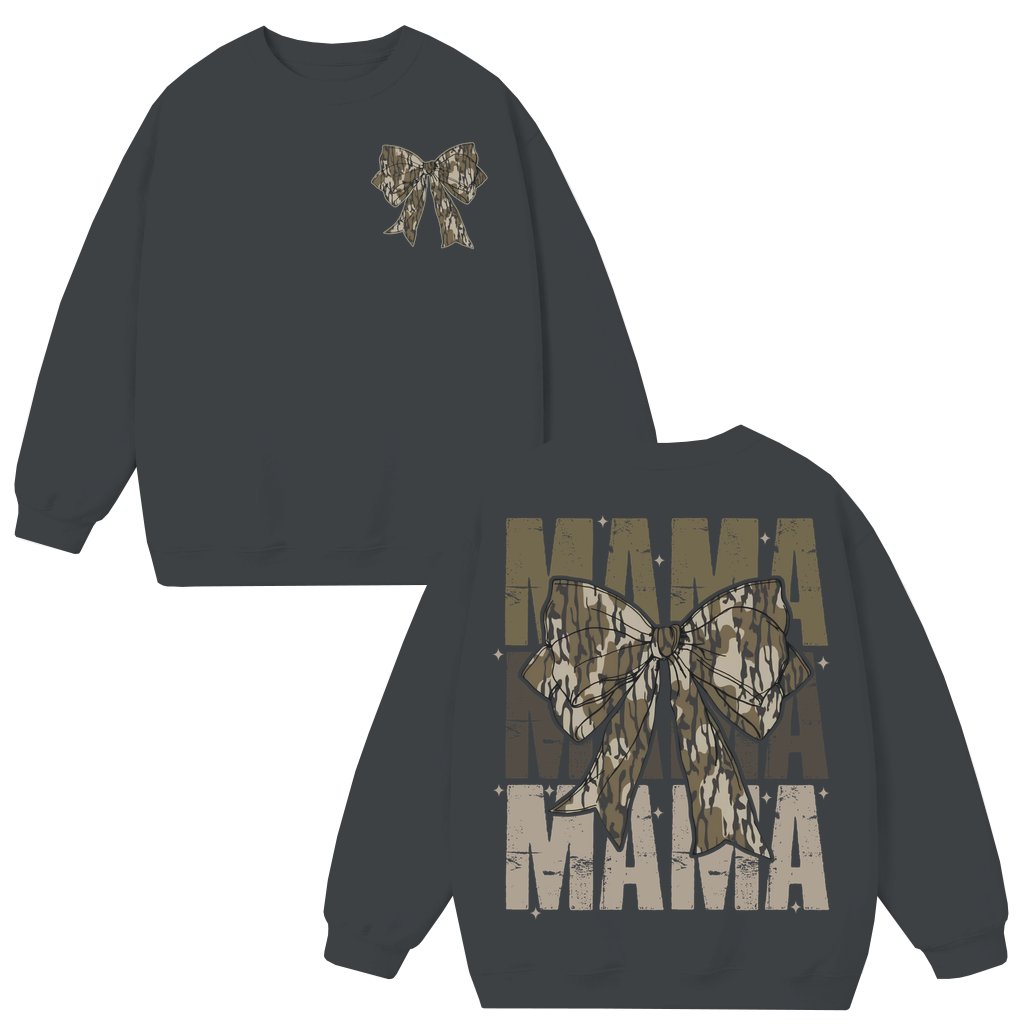 Trendy Mama Camo Coquette Bow Sweatshirt – Gift for Mom Retro Hunting Old School - front view
