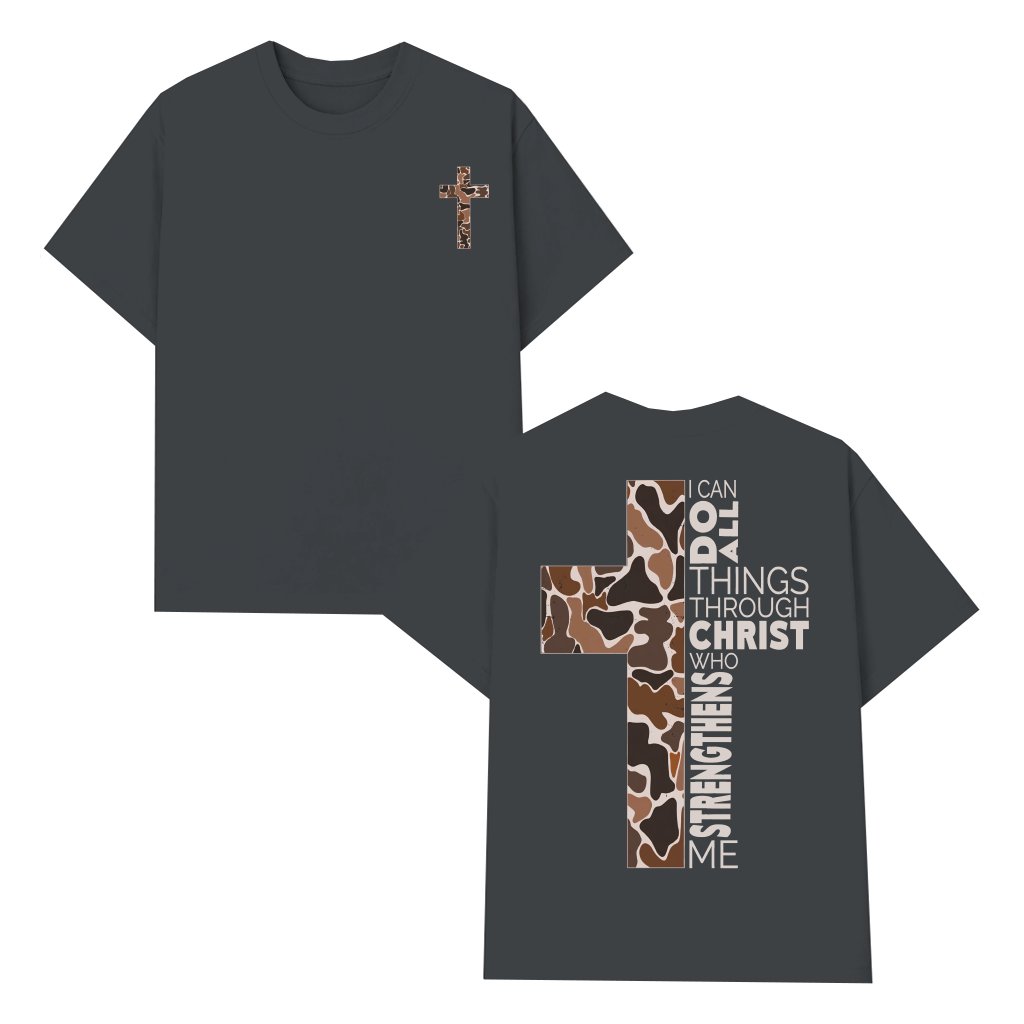 Christian Camo Cross T-shirt – Philippians 4:13 Gift for Faithful Believer - front view