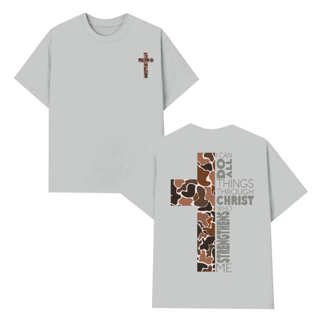 Christian Jesus Camo Cross T-shirt – Philippians 4:13 Gift for Believers Outdoorsman - front view