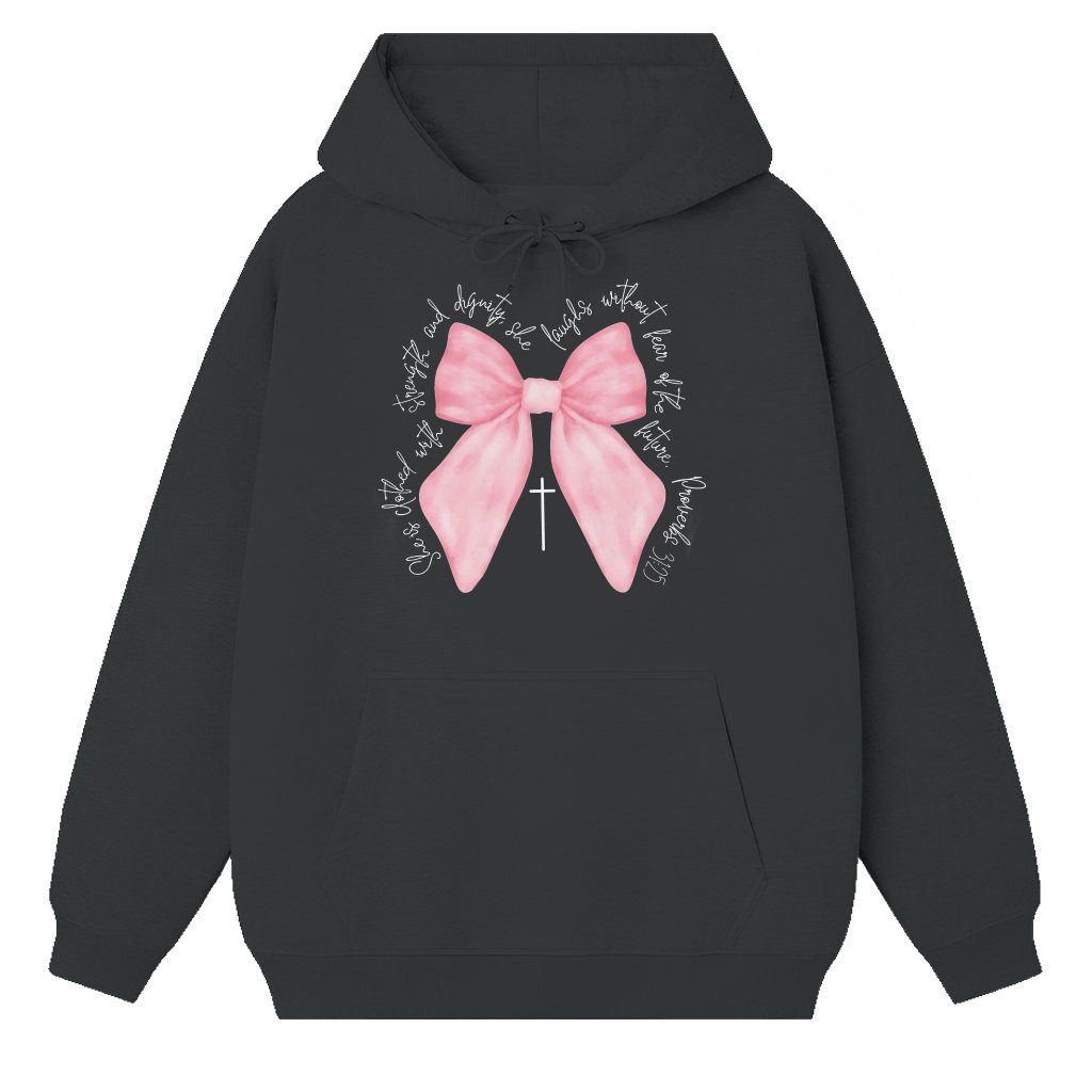 Christian Pink Coquette Bow Hoodie – Gift for Women Bible Verse - front view
