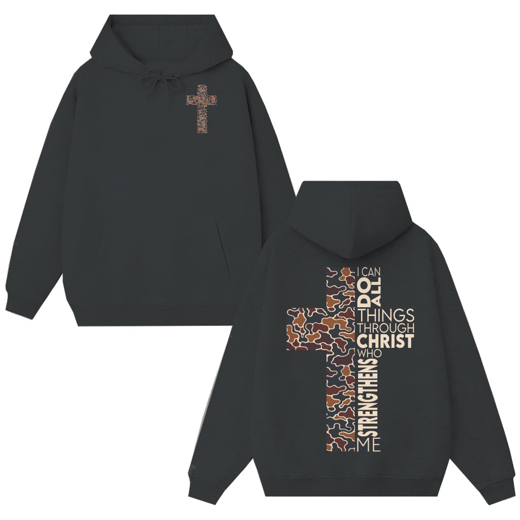 Christian Camo Cross Philippians 4:13 Hoodie – Christian Gift for Believers - front view