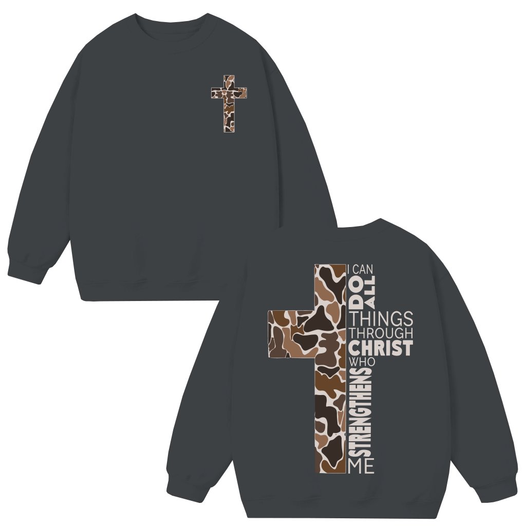 Christian Camo Cross Philippians 4:13 Sweatshirt – Christian Gift for Him Her - front view