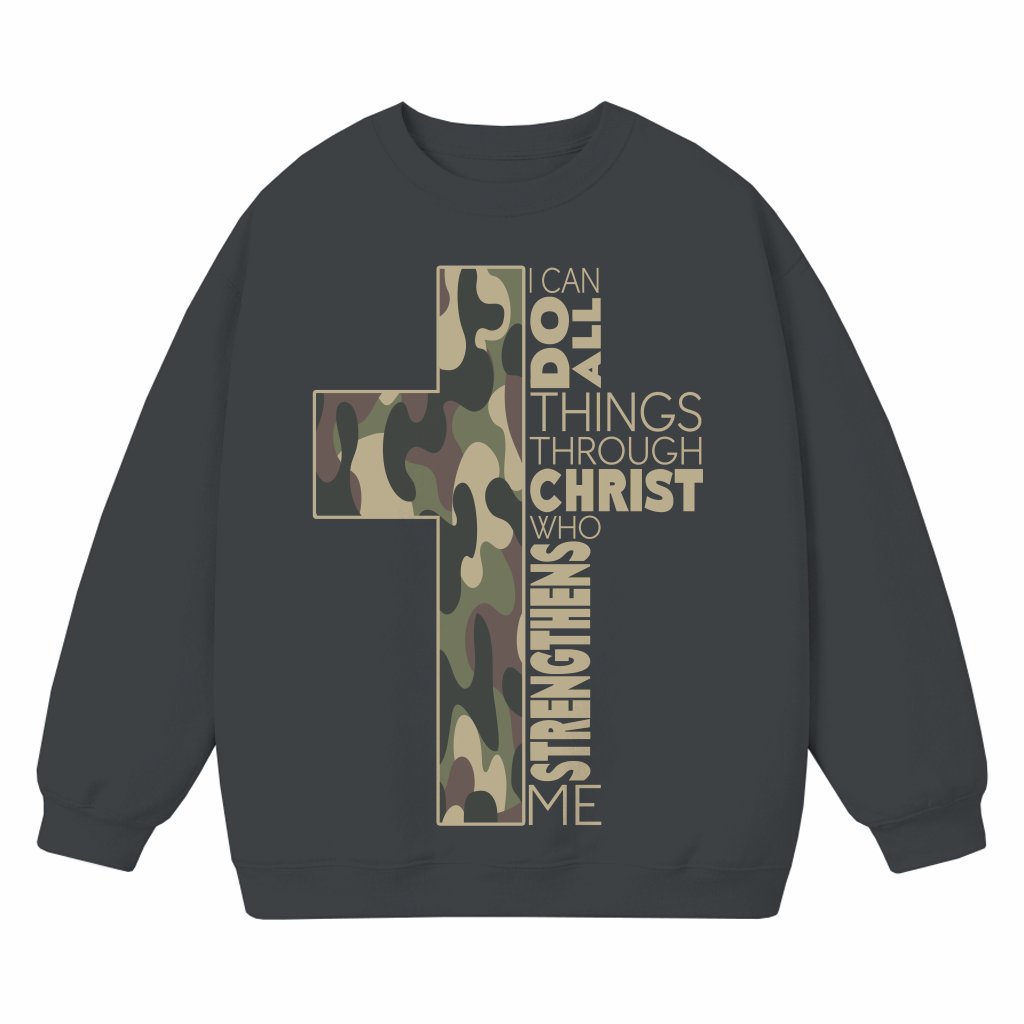 I Can Do All Things Through Christ Sweatshirt – Christian Camo Cross Gift - front view