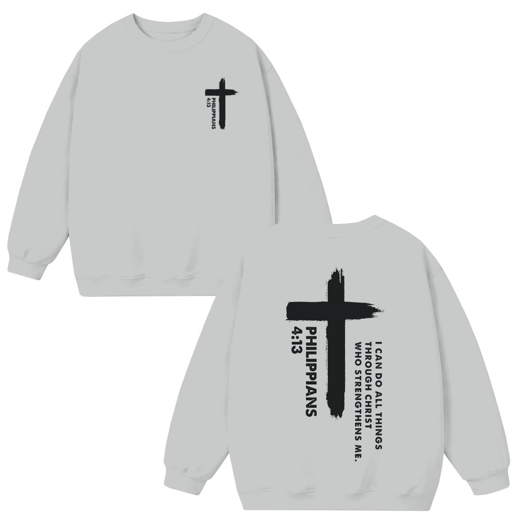 Philippians 4:13 Bible Verse Sweatshirt – Inspirational Christian Faith Cross Gift - front view