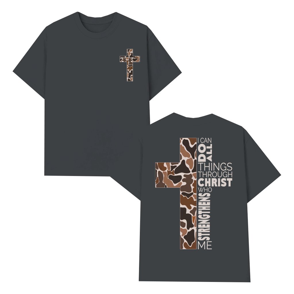 Christian Camo Cross T-shirt – Gift for Believers Philippians 4:13 - front view