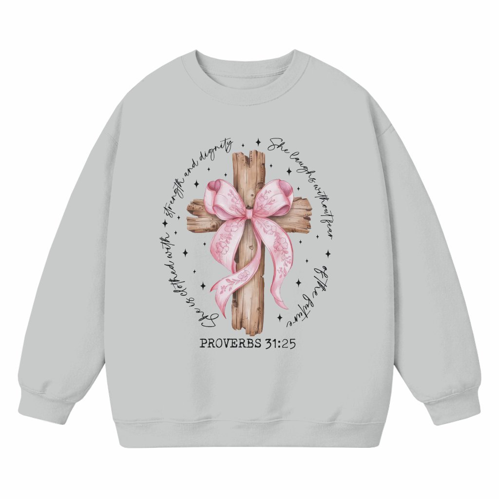Proverbs 31:25 Cross Sweatshirt – Inspirational Christian Gift for Women - front view