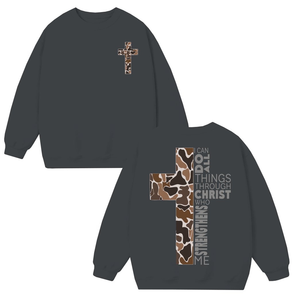 Christian Camo Cross Sweatshirt – Christian Gift for Believers Philippians 4:13 Verse - front view