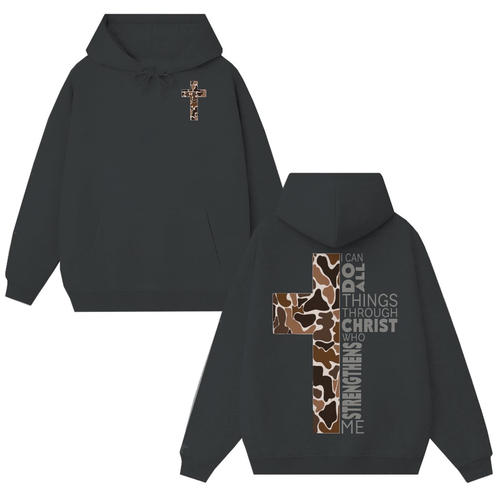 Philippians 4:13 Christian Hoodie – Camo Cross Faith Gift - front view