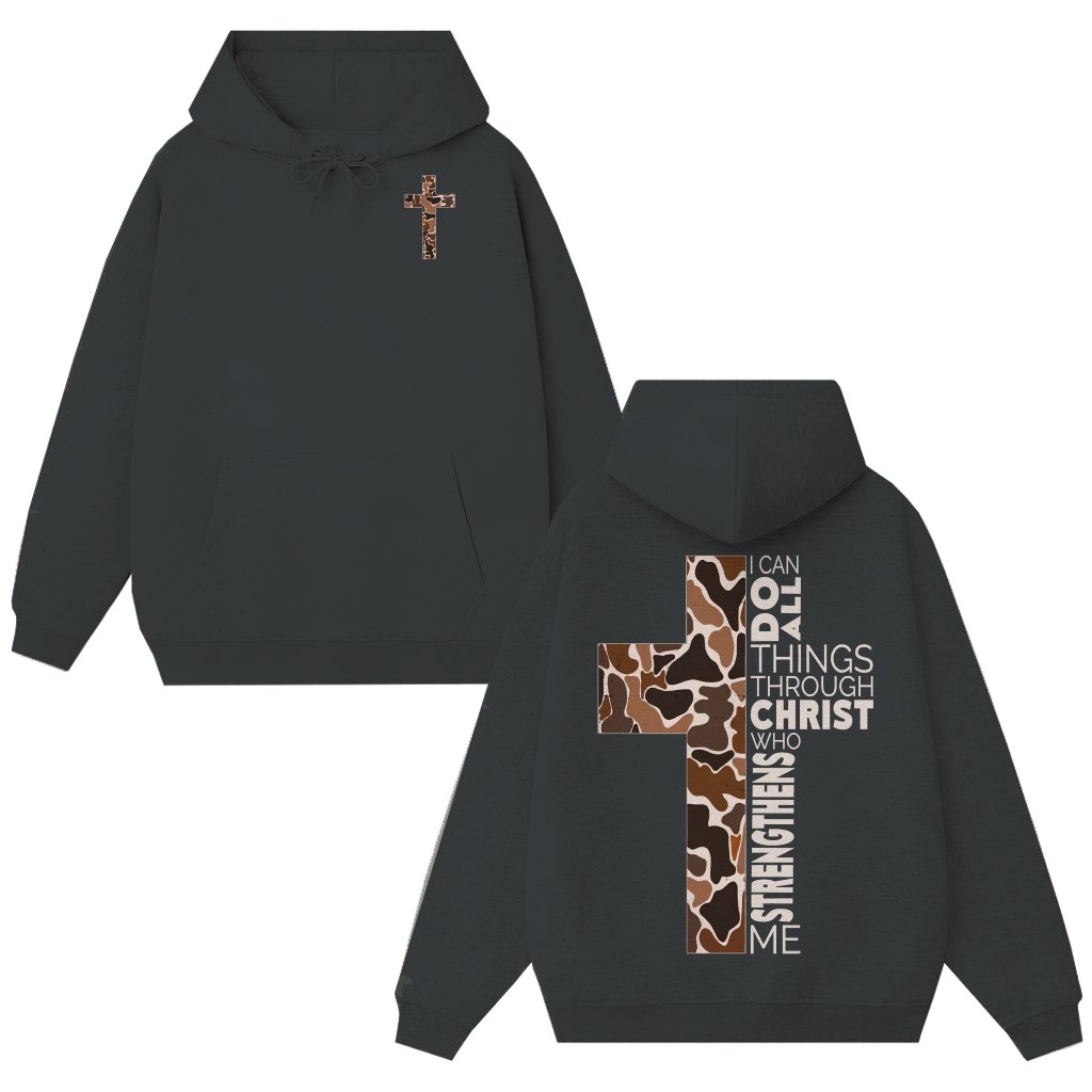 I Can Do All Things Through Christ Hoodie – Christian Gift for Men Women Camo Inspirational Bible Verse - front view