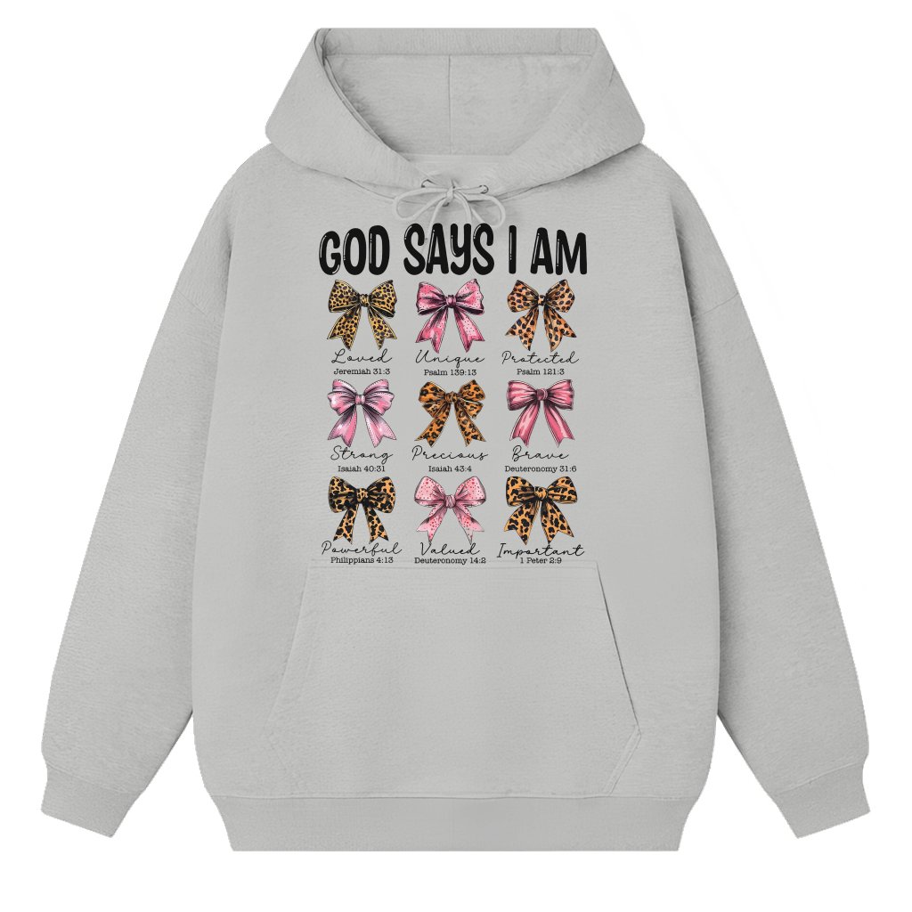 God Says I Am Coquette Bow Hoodie – Christian Preppy Gift for Her - front view