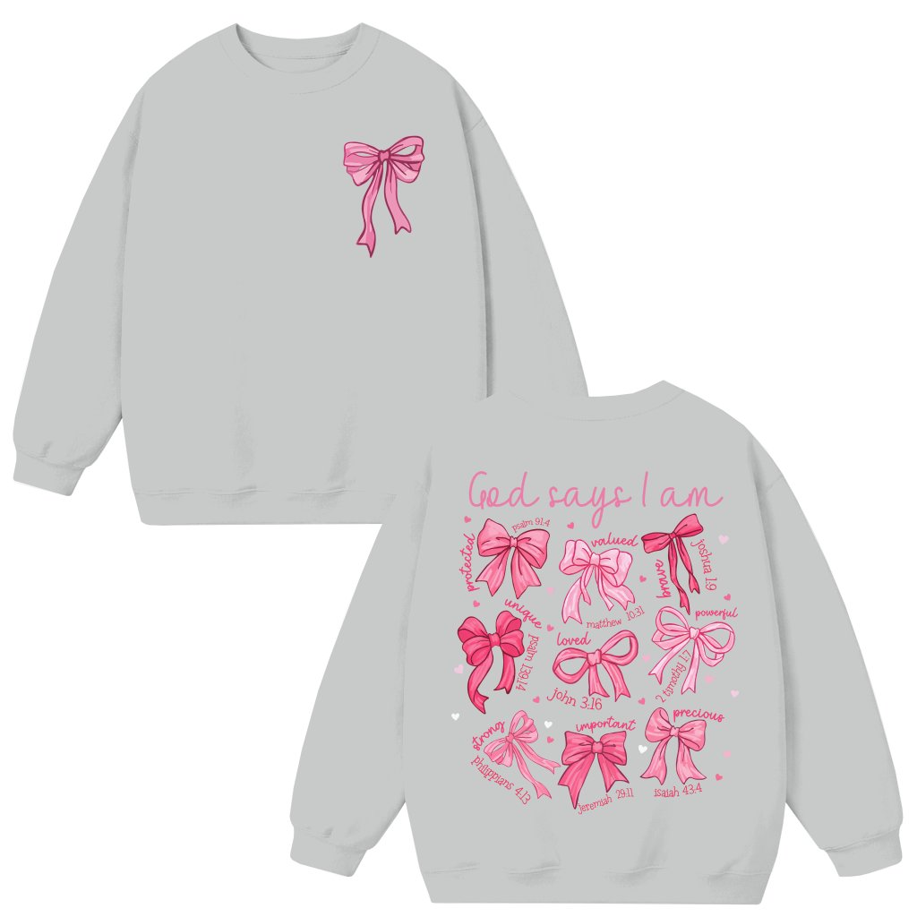 God Says I Am Coquette Bow Sweatshirt – Christian Gift for Her Trendy Faith Bible Verse - front view