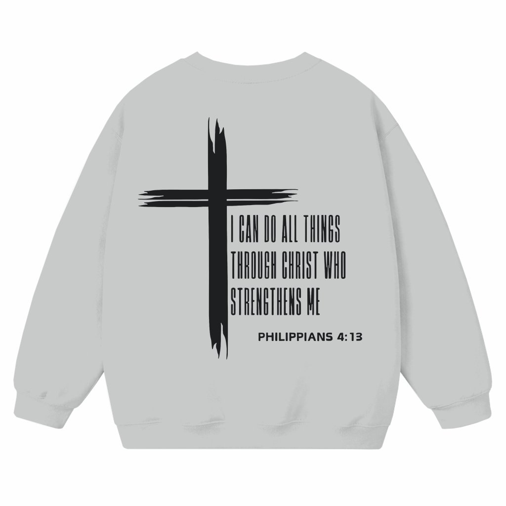 Inspirational Christian Sweatshirt – Philippians 4:13 Cross Faith Gift - front view
