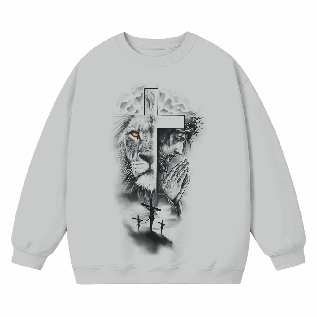 Christian Faith Strength Sweatshirt – Christian Gift for Men Women Bold Cross Lion - front view