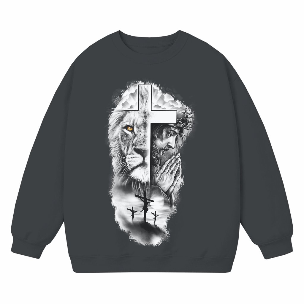 Faith and Strength Lion Jesus Cross Christian Sweatshirt – Spiritual Gift - front view