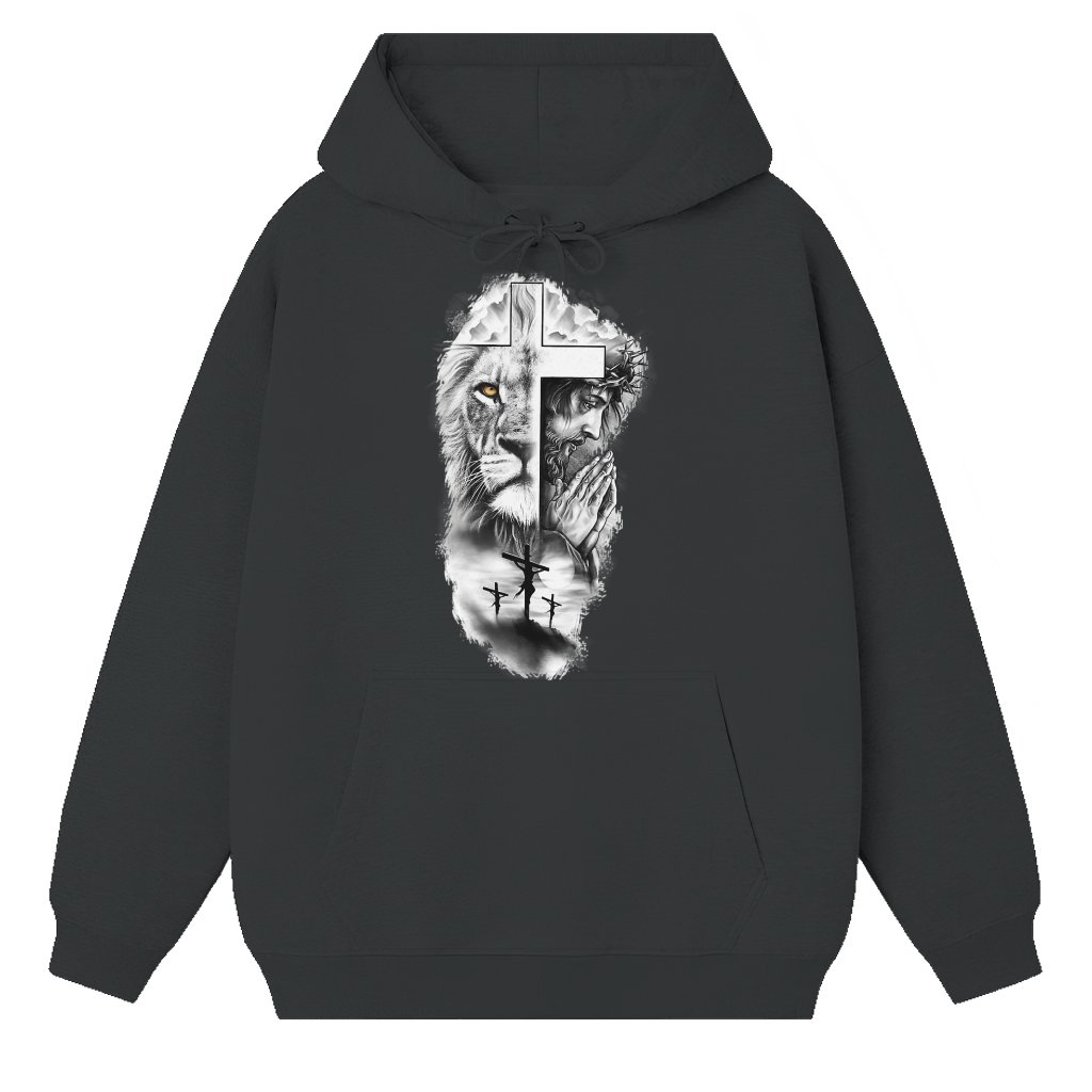 Lion Jesus Cross Hoodie – Christian Faith Spiritual Strength Gift for Him - front view