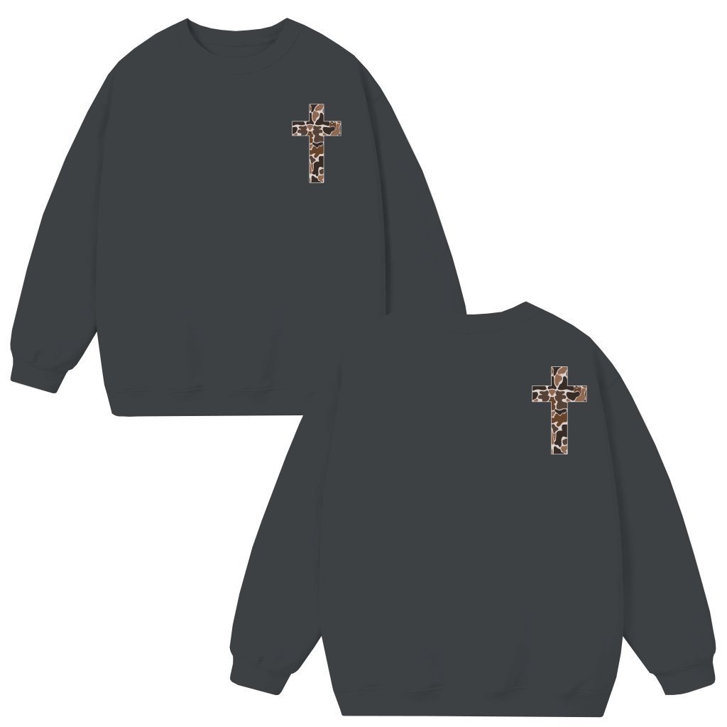 Christian Camo Cross Sweatshirt – Gift for Outdoorsmen Inspirational Scripture Philippians 4:13 - front view
