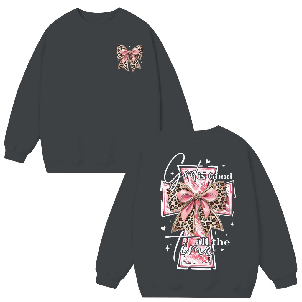 God Is Good Christian Sweatshirt – Watercolor Cross Bow Gift for Her - front view