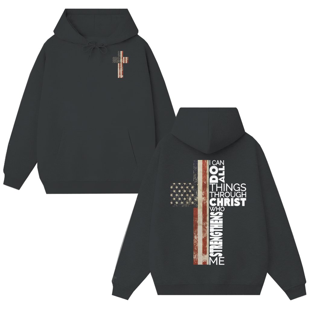 US Flag Cross Philippians 4:13 Hoodie – Christian Faith Gift Classic - front view