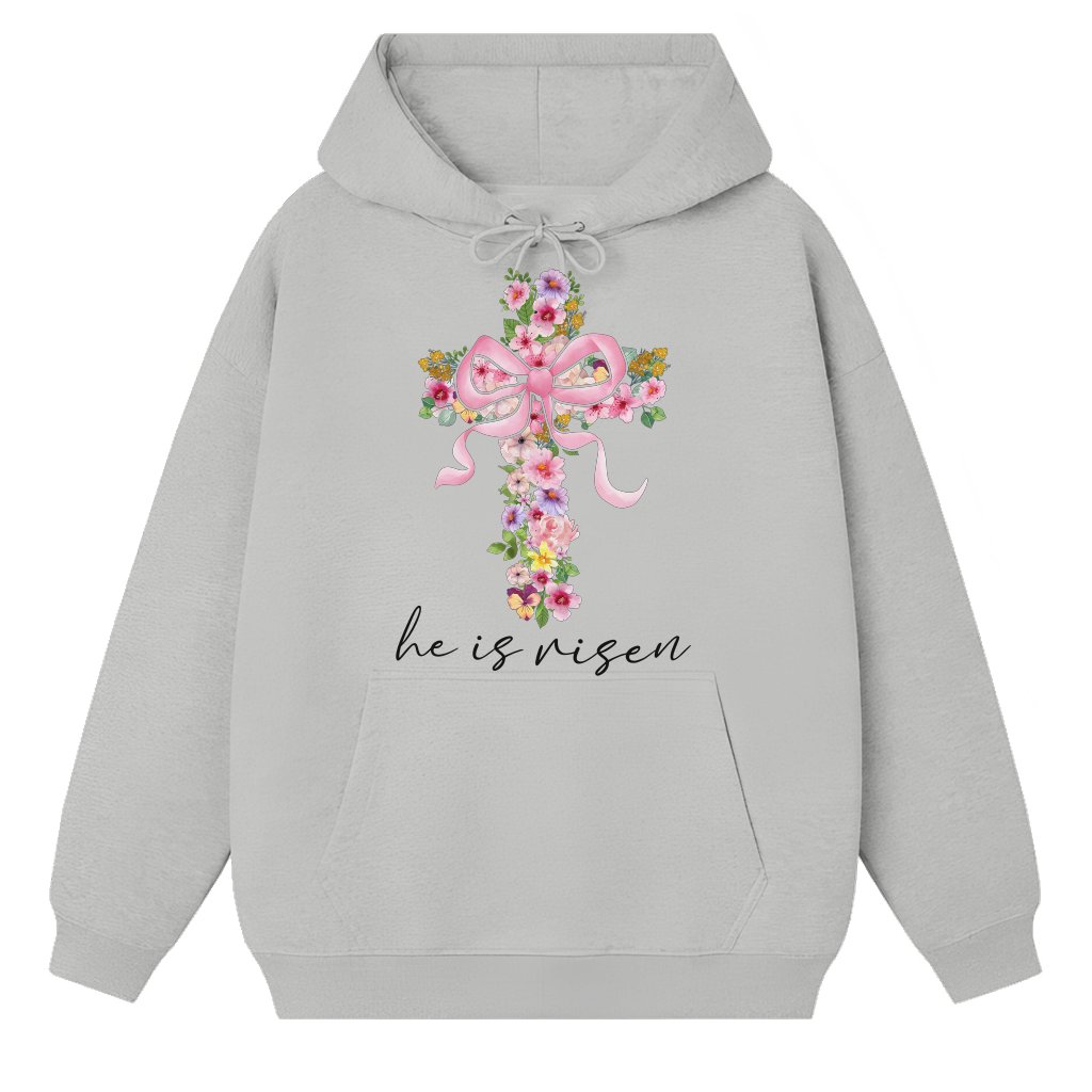 He Is Risen Coquette Floral Cross Bunny Hoodie – Easter Gift for Women Christian - front view