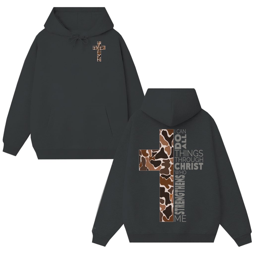 Christian Camo Cross Philippians 4:13 Hoodie – Gift for Believers and Outdoorsmen - front view
