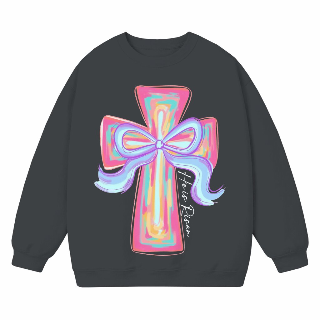 He Is Risen Cross Sweatshirt – Christian Easter Gift Pastel Watercolor - front view