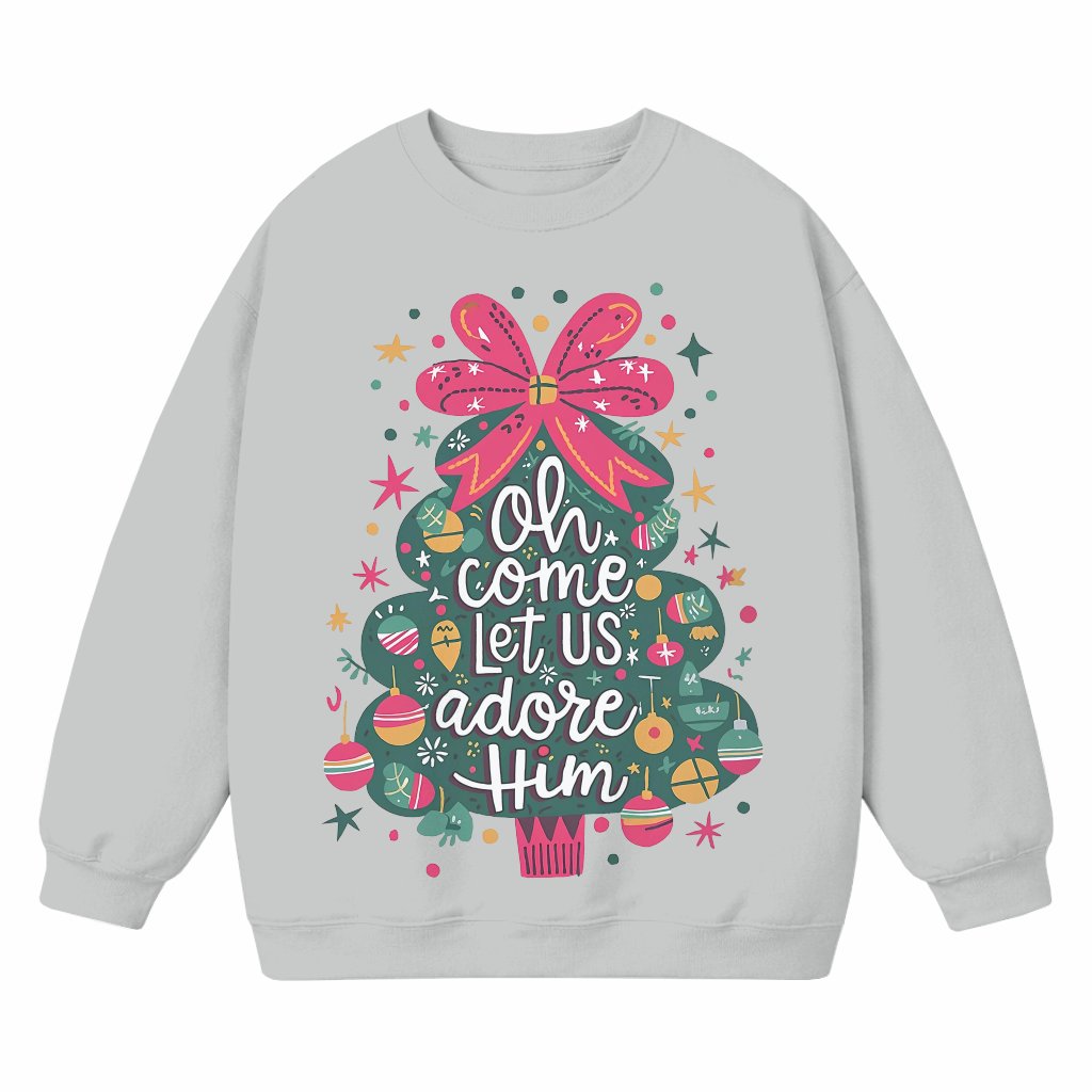 Oh Come Let Us Adore Him Sweatshirt – Christmas Gift Coquette Tree - front view
