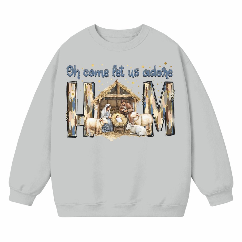 Oh Come Let Us Adore Him Sweatshirt – Retro Nativity Scene Christmas Gift - front view