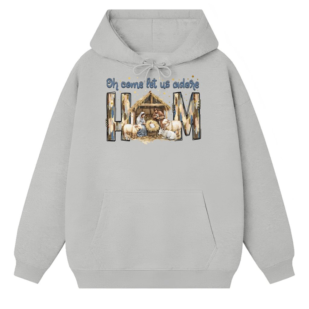 Retro Nativity Scene Hoodie – Christmas Gift 'Oh Come Let Us Adore Him' - front view