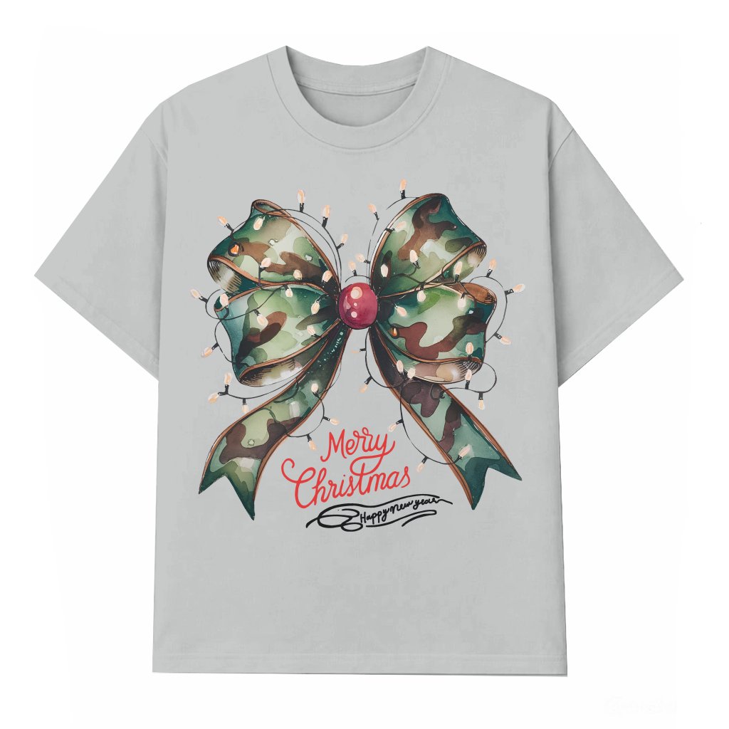 Camo Watercolor Christmas Lights T-shirt – Christmas Holiday Gift for Her Trendy Coquette Bow - front view