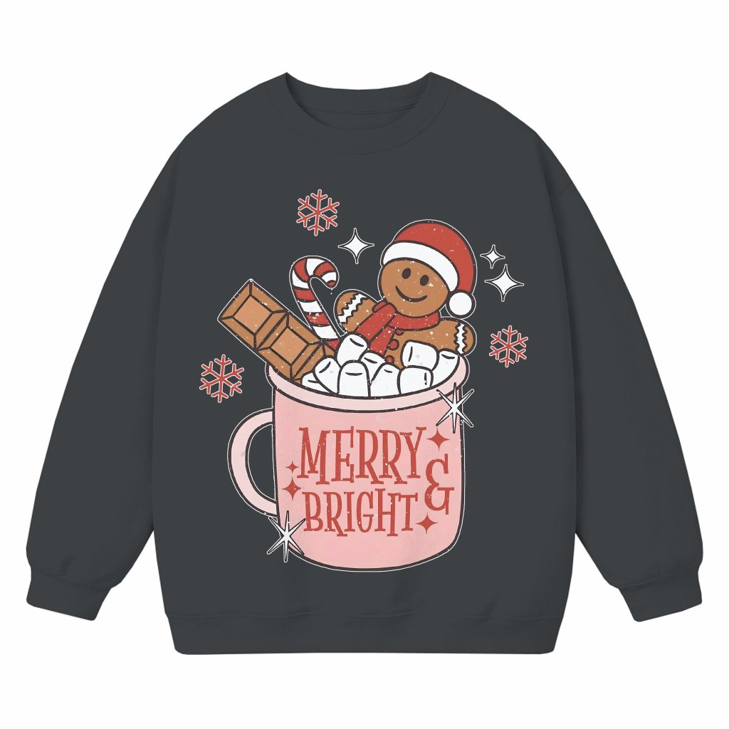 Merry And Bright Sweatshirt – Christmas Hot Chocolate Gingerbread Gift - front view