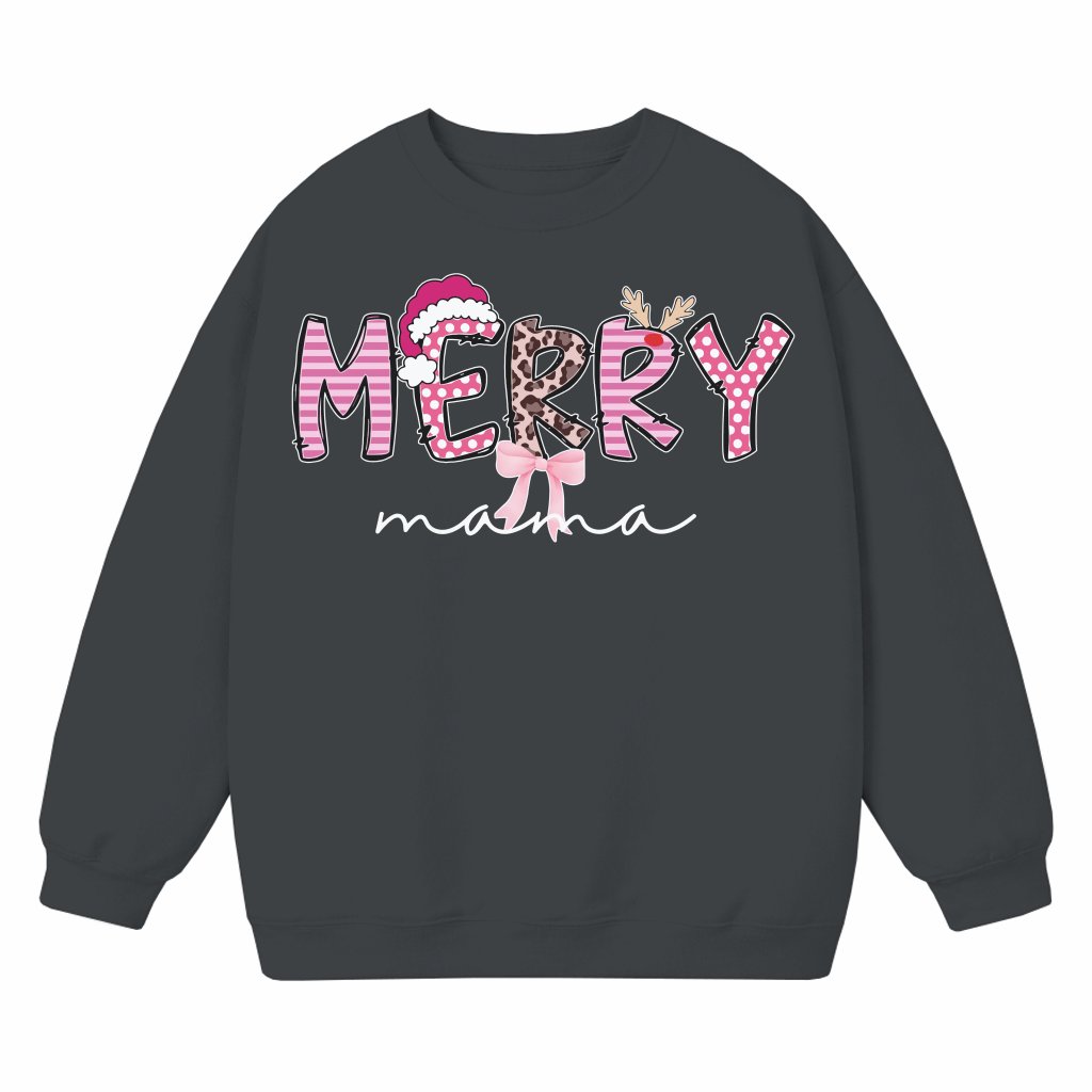 Merry Mama Leopard Bow Sweatshirt – Christmas Gift for Mom Trendy - front view