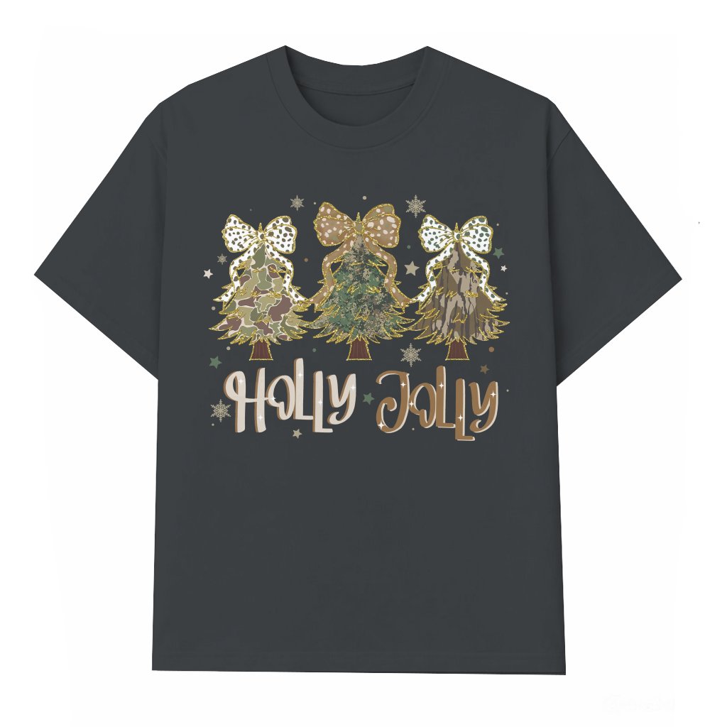 Camo Coquette Bow T-shirt – Christmas Gift for Women Holly Jolly Glitter - front view