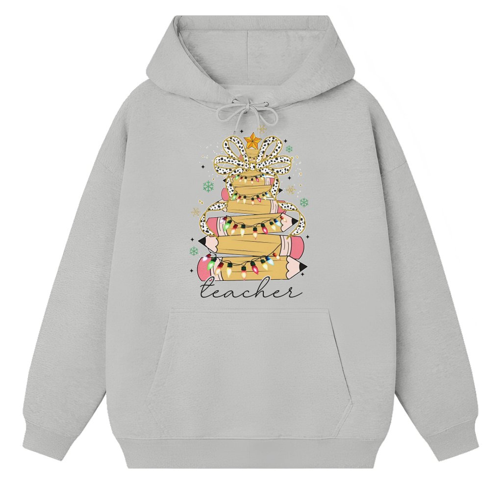 Merry Teacher Hoodie – Christmas Gift for Teacher Pencil Tree Coquette Bow - front view