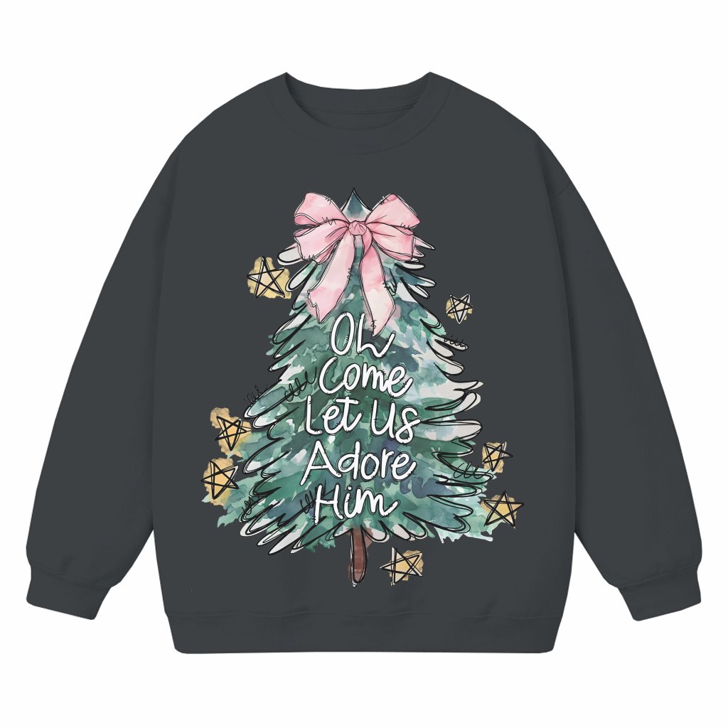 Oh Come Let Us Adore Him Coquette Tree Sweatshirt – Christian Christmas Gift - front view