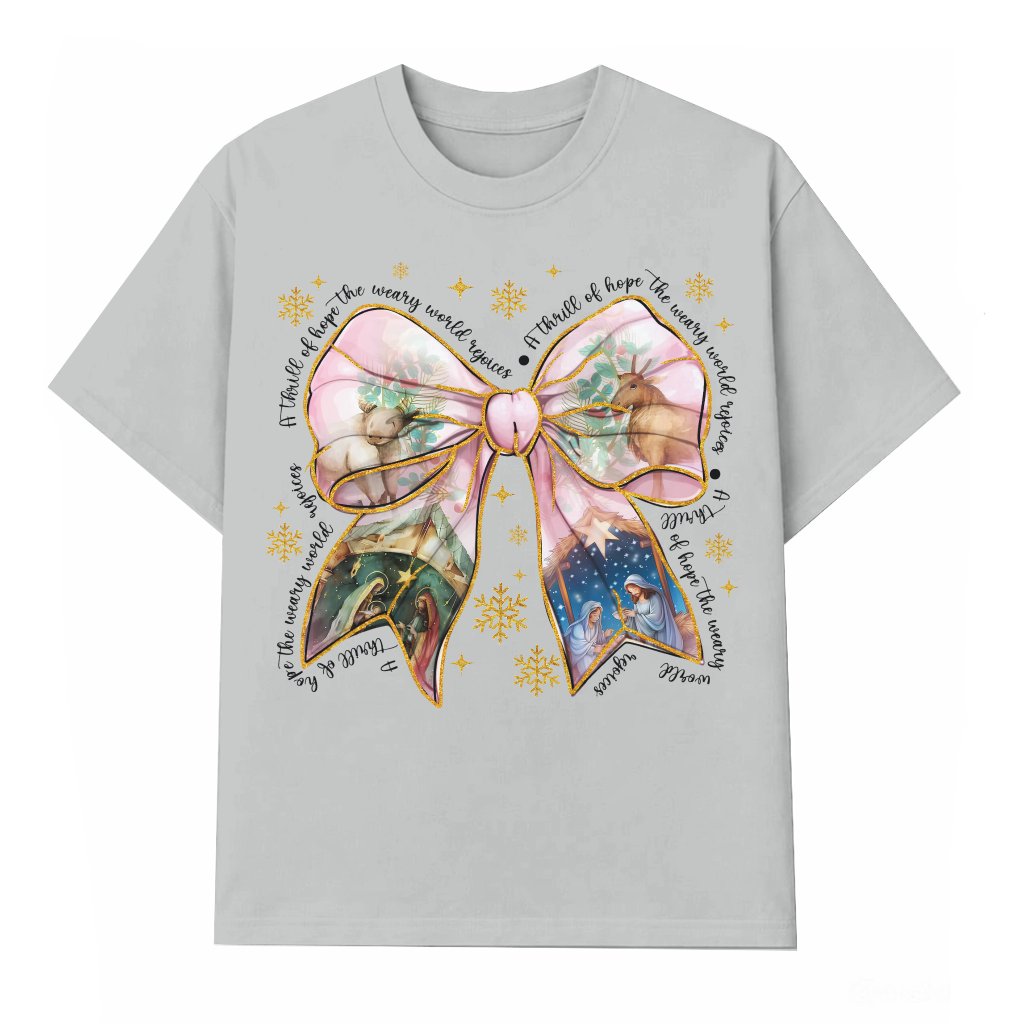 Christian Nativity Scene T-shirt – Christmas Gift Coquette Bow - front view