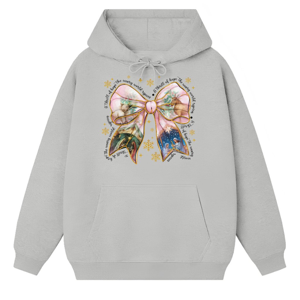 Christian Coquette Bow Nativity Scene Hoodie – Christmas Gift for Her - front view