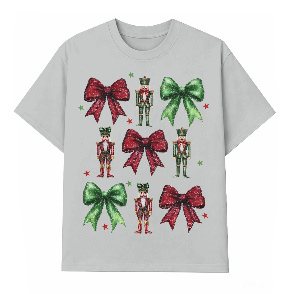 Nutcracker Coquette Bow T-shirt – Christmas Gift for Her Faux Sequin Style - front view