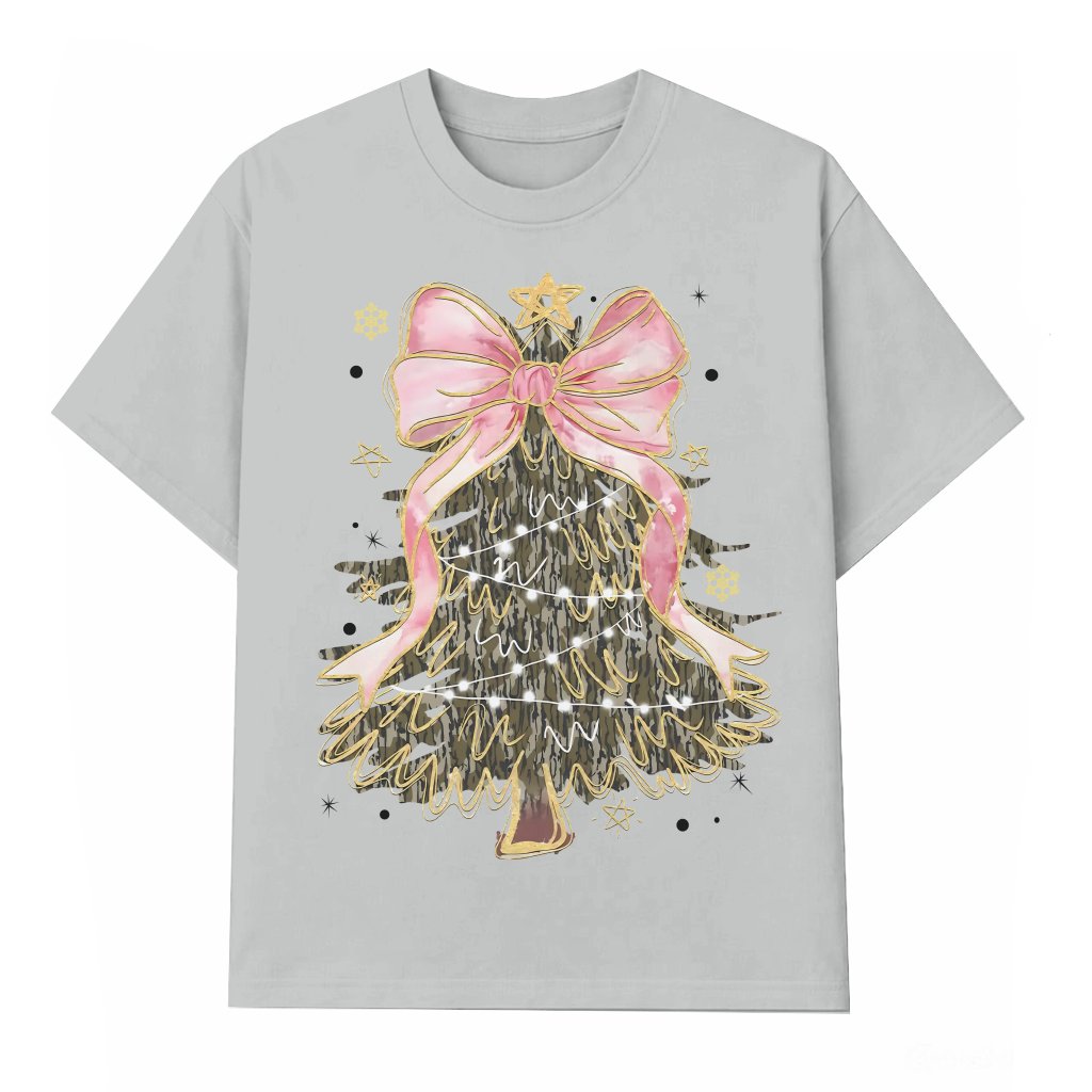Glitter Christmas Tree T-Shirt – Christmas Gift for Women Coquette Bow - front view
