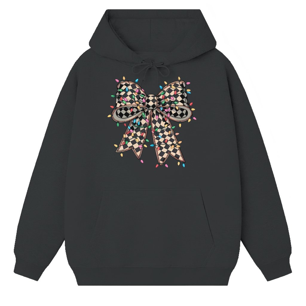 Coquette Checkered Bow Hoodie – Christmas Gift for Her Christmas Lights - front view