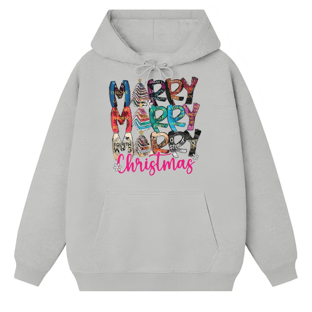 Merry Bookmas Hoodie – Christmas Gift for Book Lover Cozy - front view