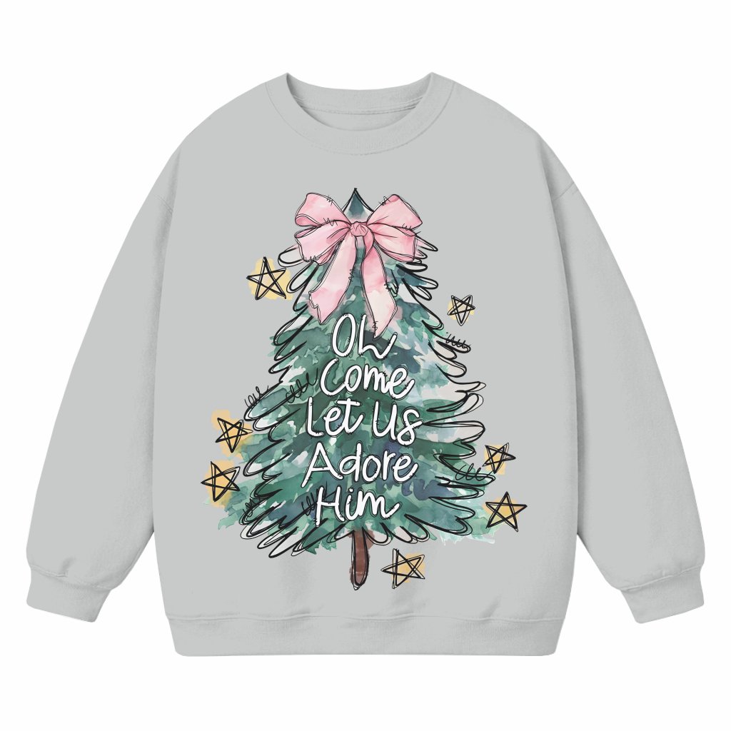 Oh Come Let Us Adore Him Christian Sweatshirt – Christmas Gift for Her Coquette Tree - front view