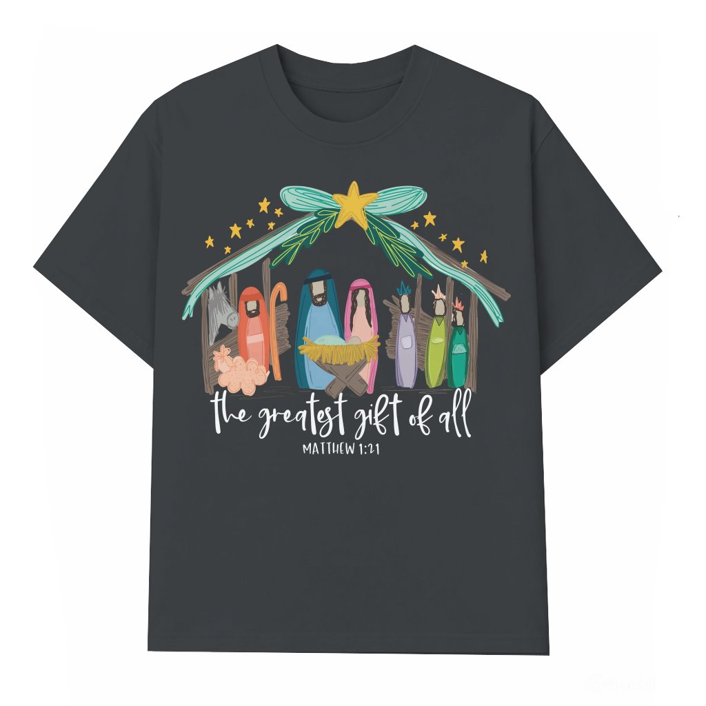 Nativity Scene Jesus T-shirt – Christian Christmas Gift for Her - front view